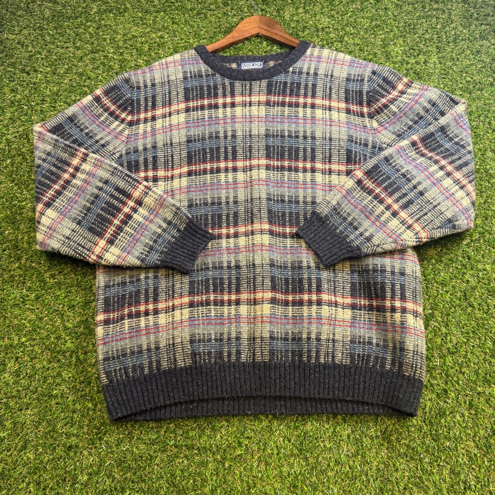 Vintage Lands End Mens Wool Plaid Crewneck Sweater Large Blue Grey 66286